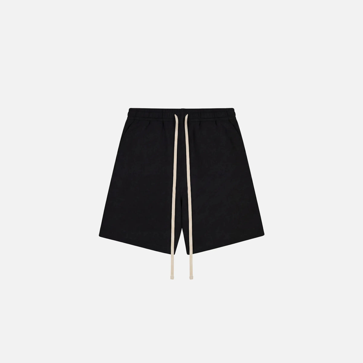Black shorts with a cream-colored drawstring, shown flat against a light gray background.