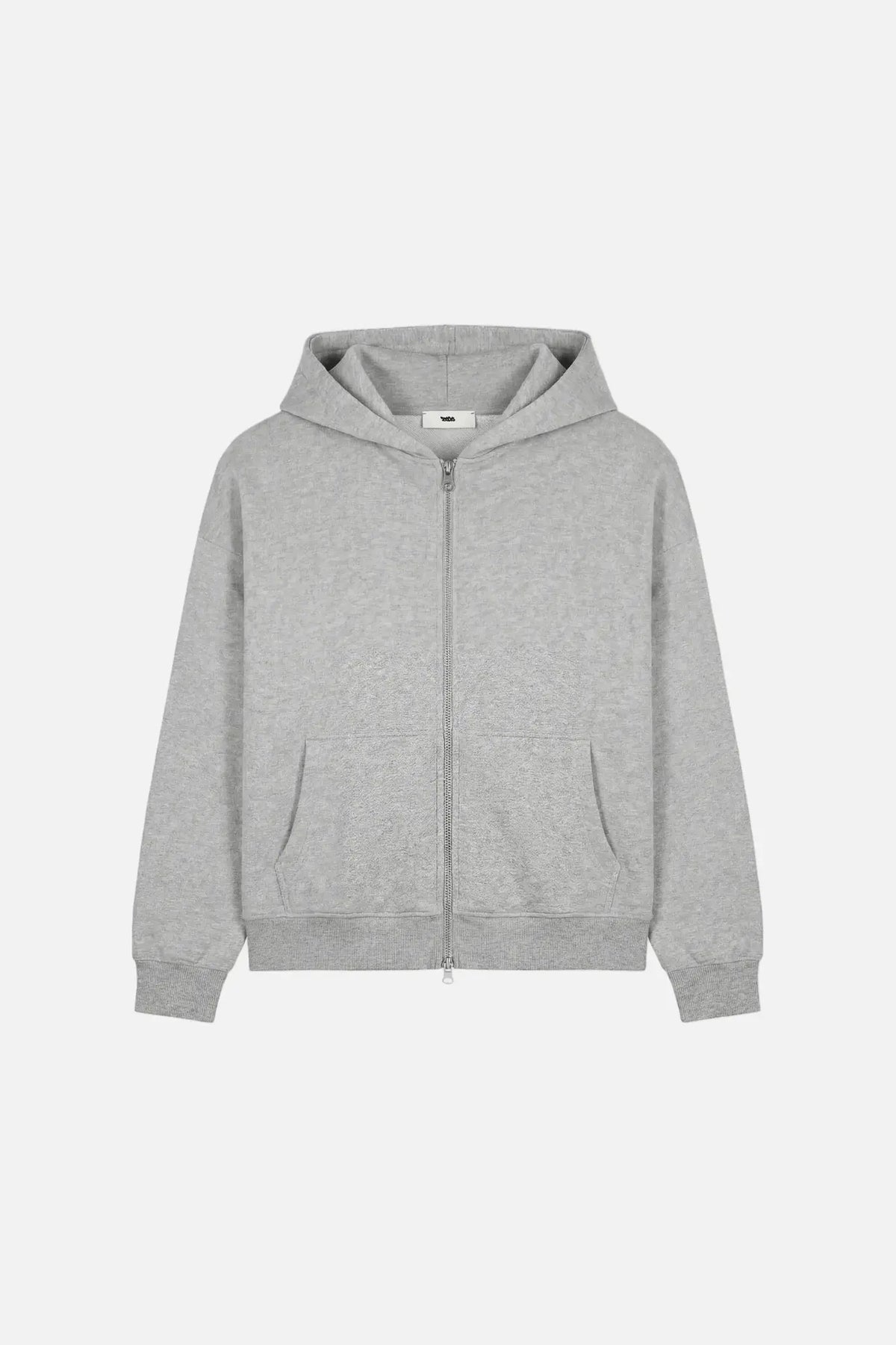 A light gray heather zip-up hoodie with a front zipper, ribbed cuffs, and ribbed hem, displayed on a clean white background.