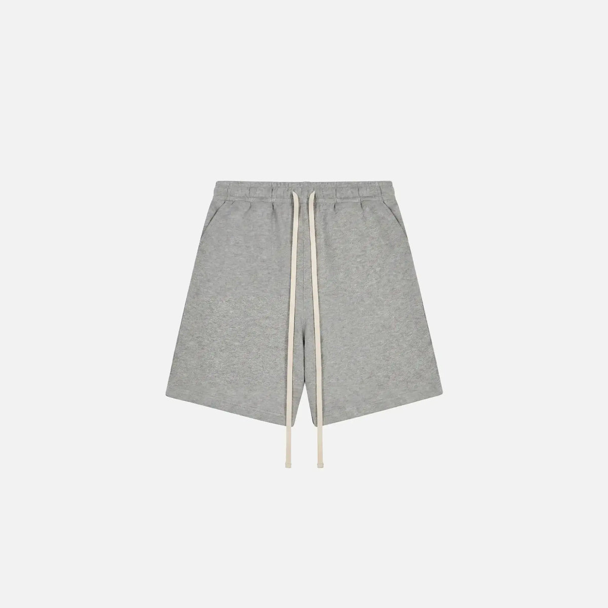 Light gray heathered sweatshorts with a cream-colored drawstring, displayed flat against a light gray background.