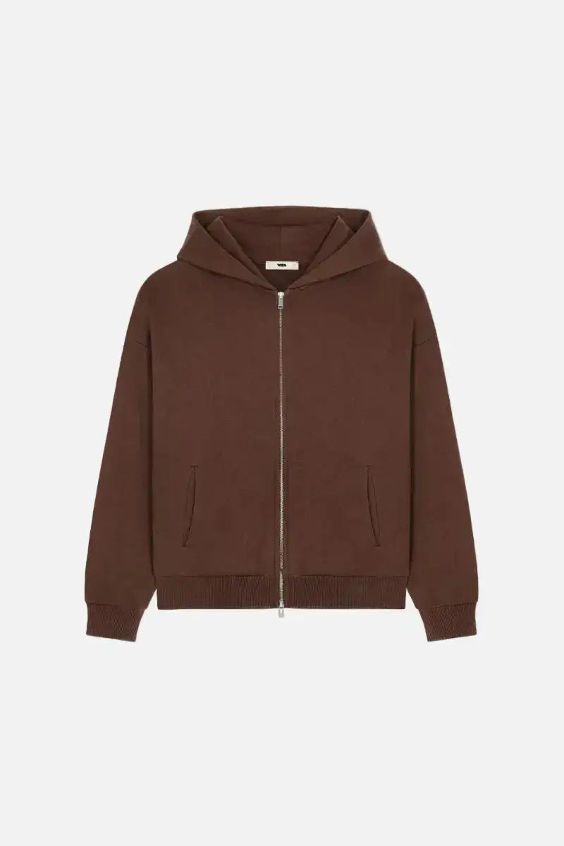 BASICSS Mocha Cloud Zip-Up Hoodie, featuring a silver two-way zip, front pockets, ribbed cuffs and hem, displayed against a light background.