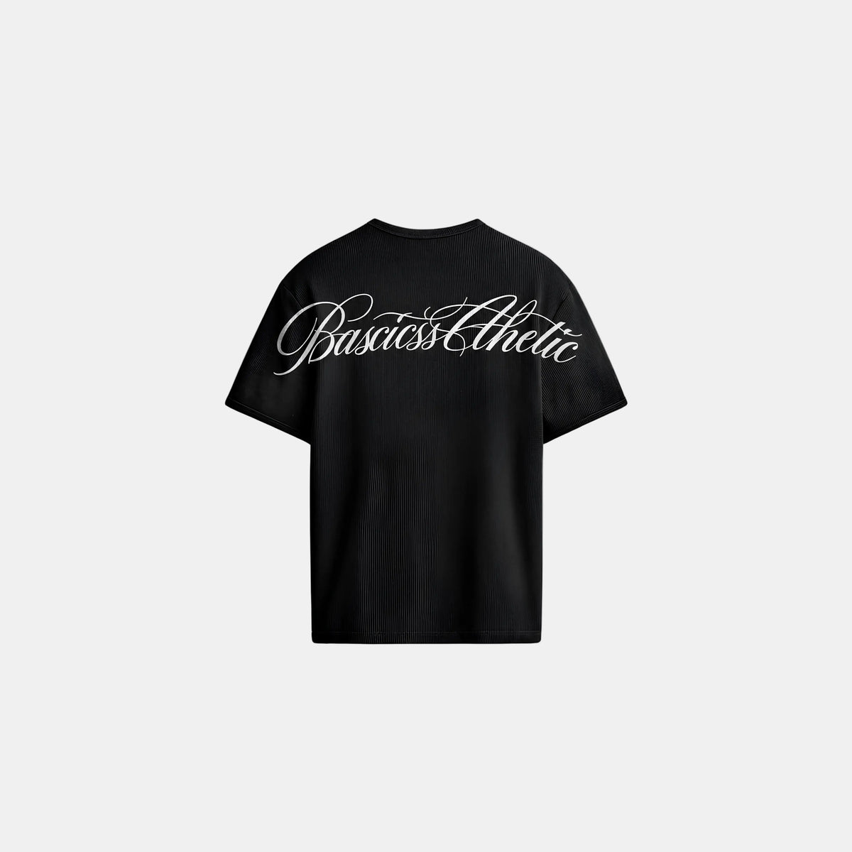 Back view of the BASICSS Black Script Waffle T-Shirt, featuring short sleeves, textured fabric and a large white BASICSS Athletic script logo, displayed against a light background.