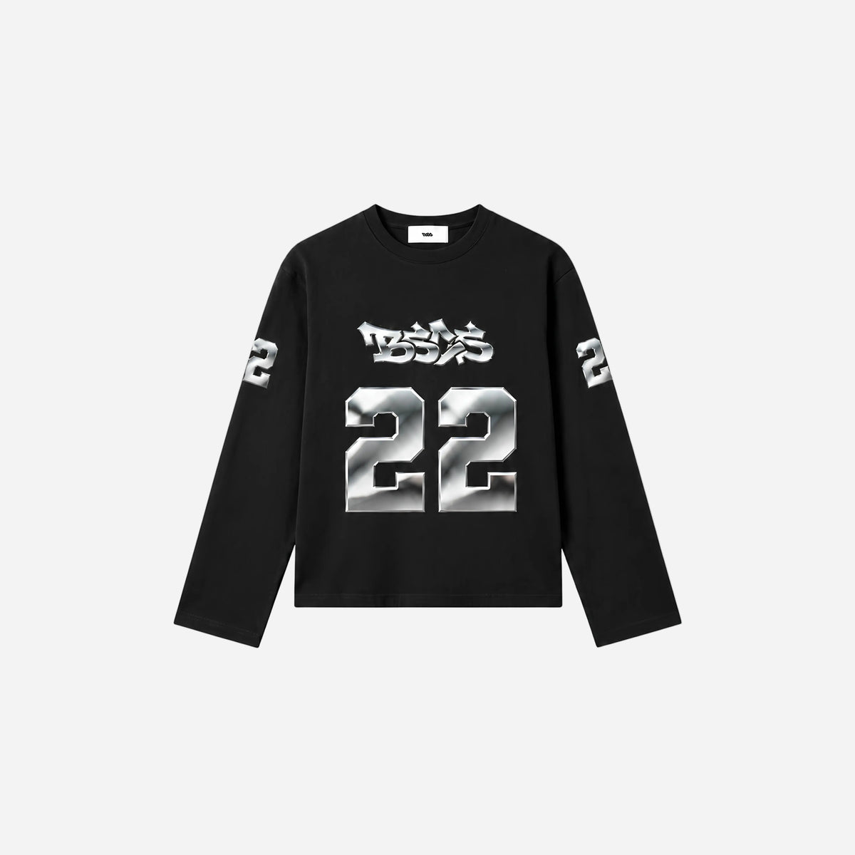 A black long-sleeve crewneck shirt featuring a metallic silver graphic print of the number 22 on the front, stylized Japanese characters above it, and the number 22 printed on both sleeves.