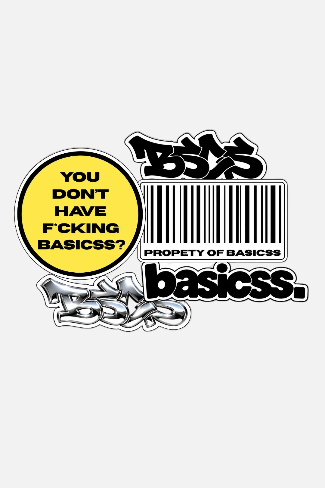 A set of graphic stickers featuring the brand name 'basicss.' in multiple stylized fonts, a black-and-white barcode with the text 'PROPERTY OF BASICSS,' a yellow circle with the text 'YOU DON'T HAVE F*CKING BASICSS?', and silver graffiti-style lettering, all on a plain white background.