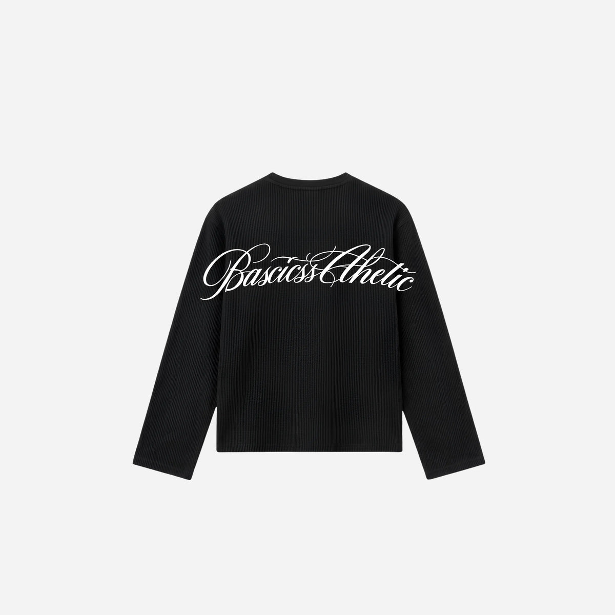 Back view of the BASICSS Black Script Waffle Longsleeve, featuring textured fabric and a large white BASICSS Athletic script logo across the shoulders, displayed against a light background.
