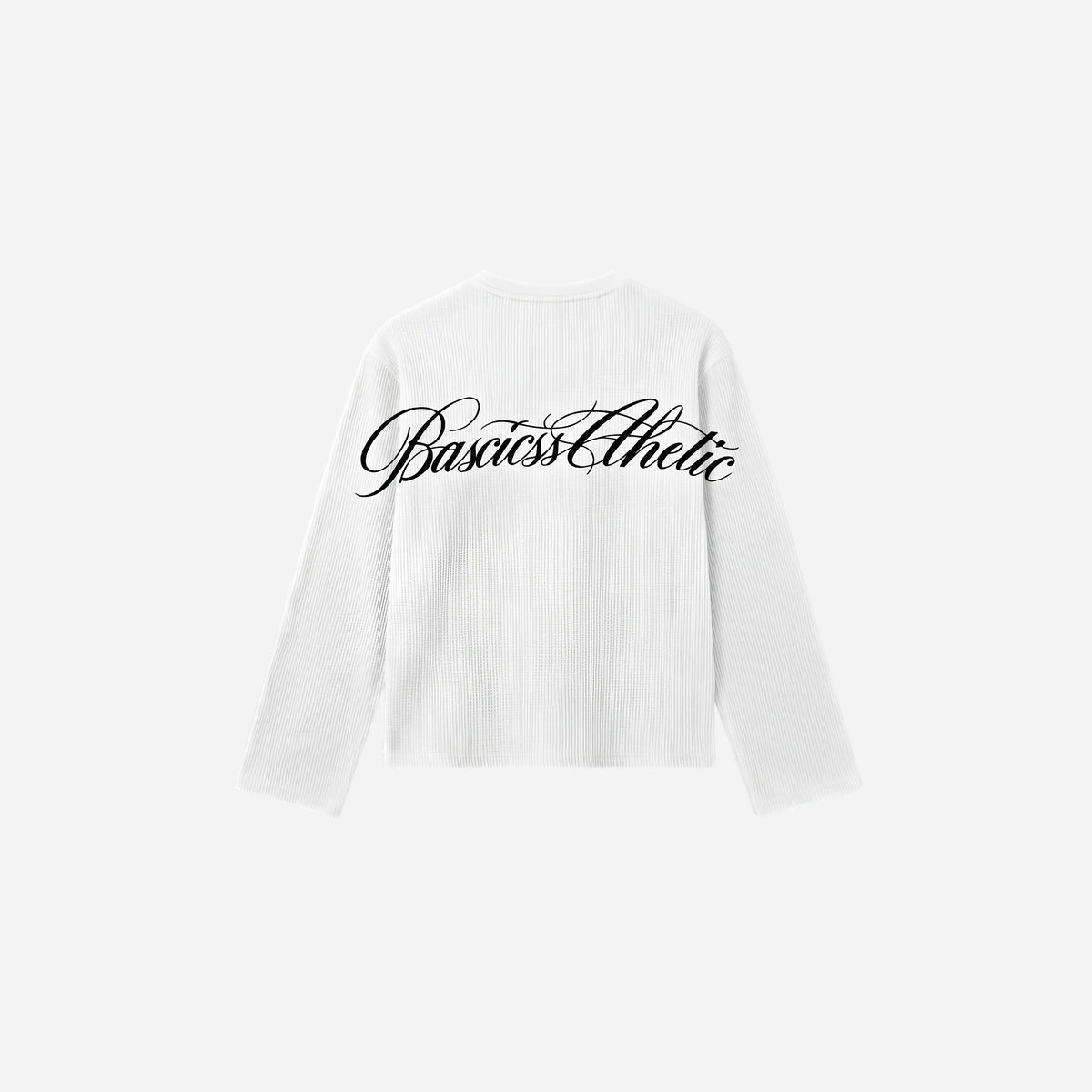 Back view of the BASICSS White Script Waffle Longsleeve, featuring textured fabric and a large black BASICSS Athletic script logo across the shoulders, displayed against a light background.