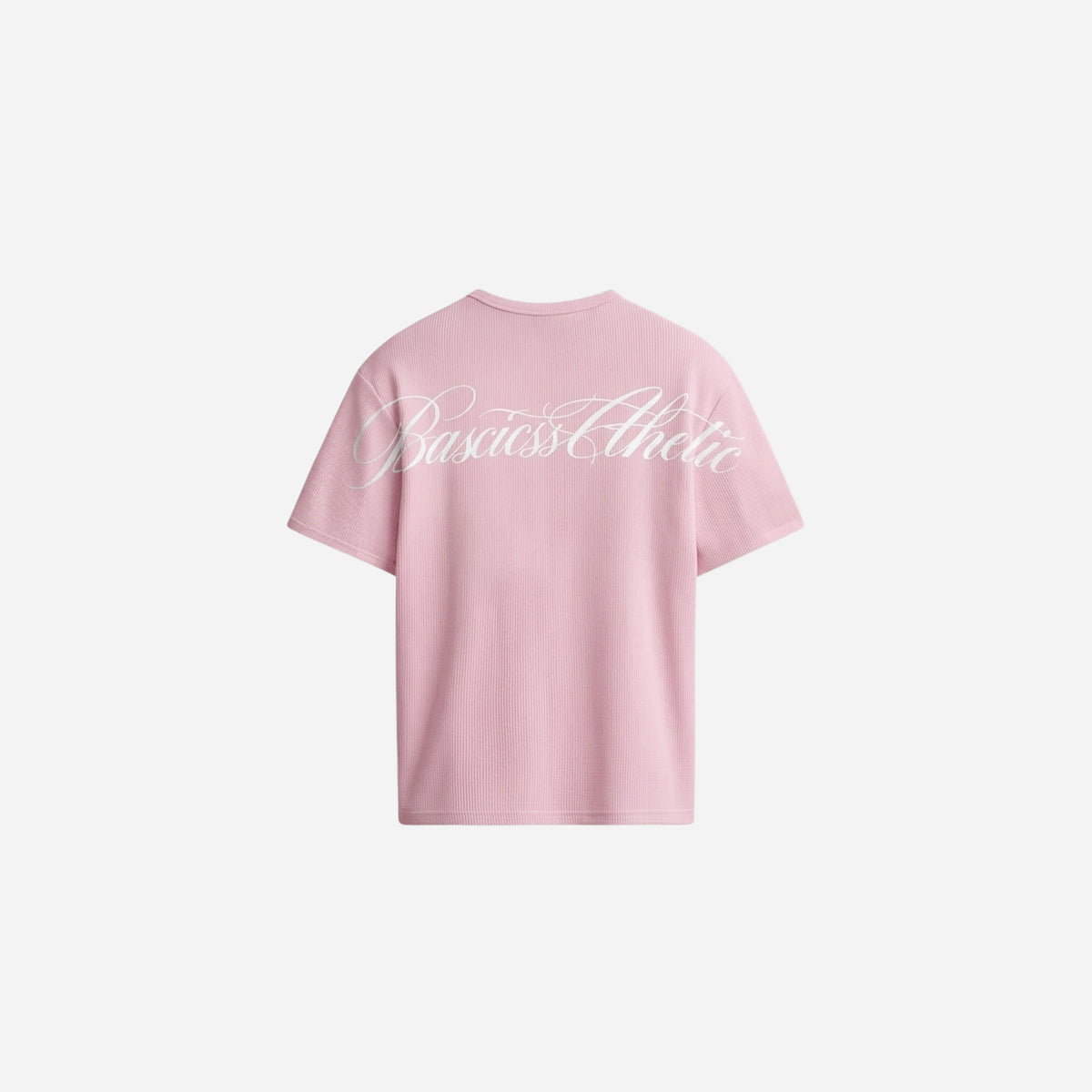Back view of the BASICSS Pink Script Waffle T-Shirt, featuring textured fabric, short sleeves and a white BASICSS Athletic script logo across the shoulders, displayed against a light background.