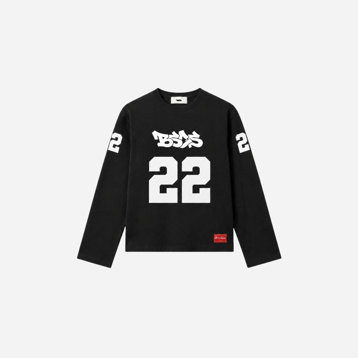 A black long-sleeve crewneck sweatshirt featuring a large white '22' graphic on the front, a stylized white graphic above it, and white '2' graphics on both sleeves, shown against a light gray background.