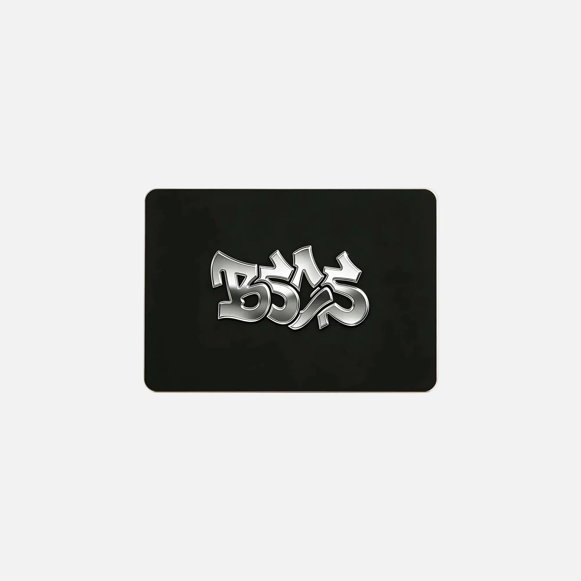 Black card with silver 'BOSS' logo on a white background