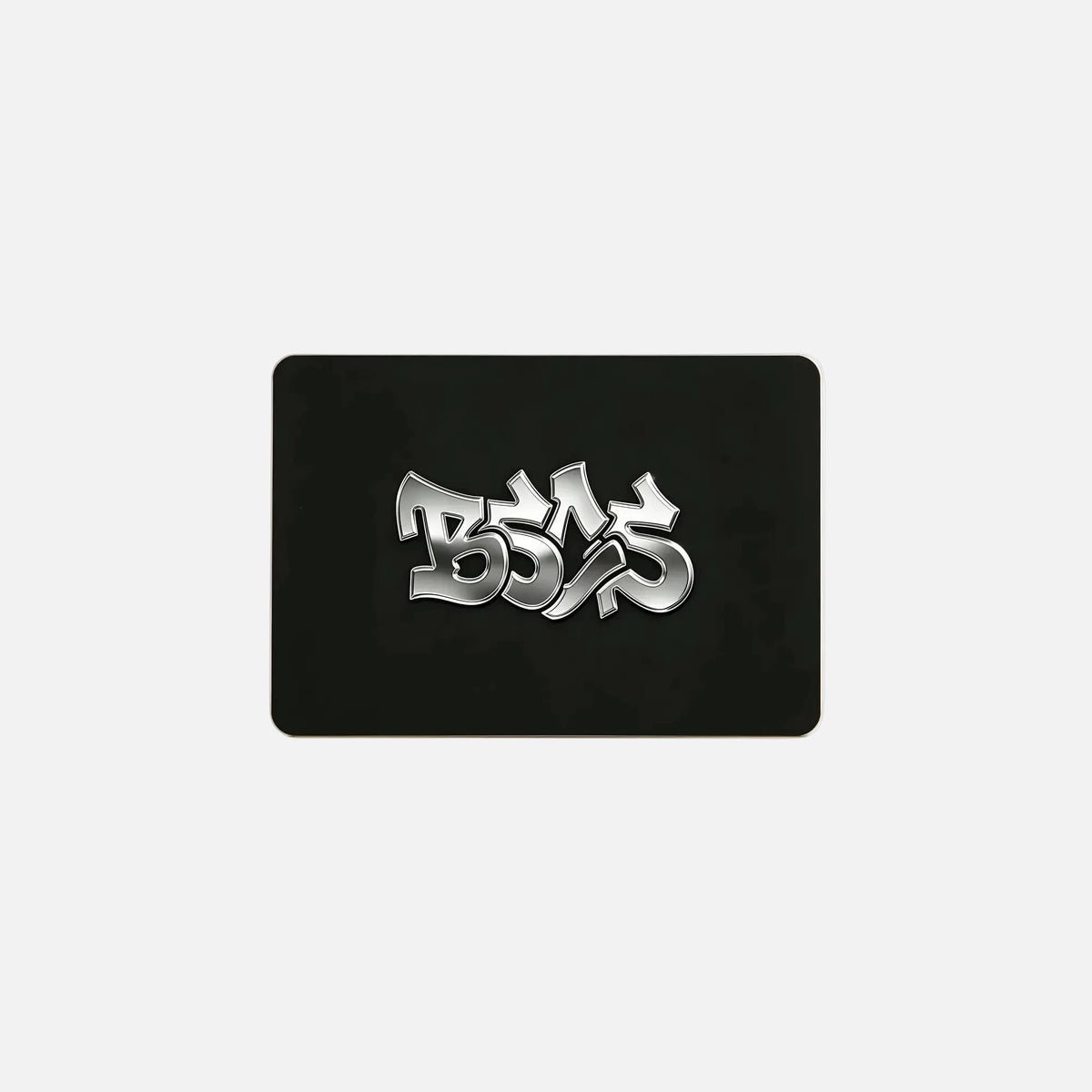 BASICSS black gift card featuring a metallic silver graffiti-style logo, displayed against a light background.